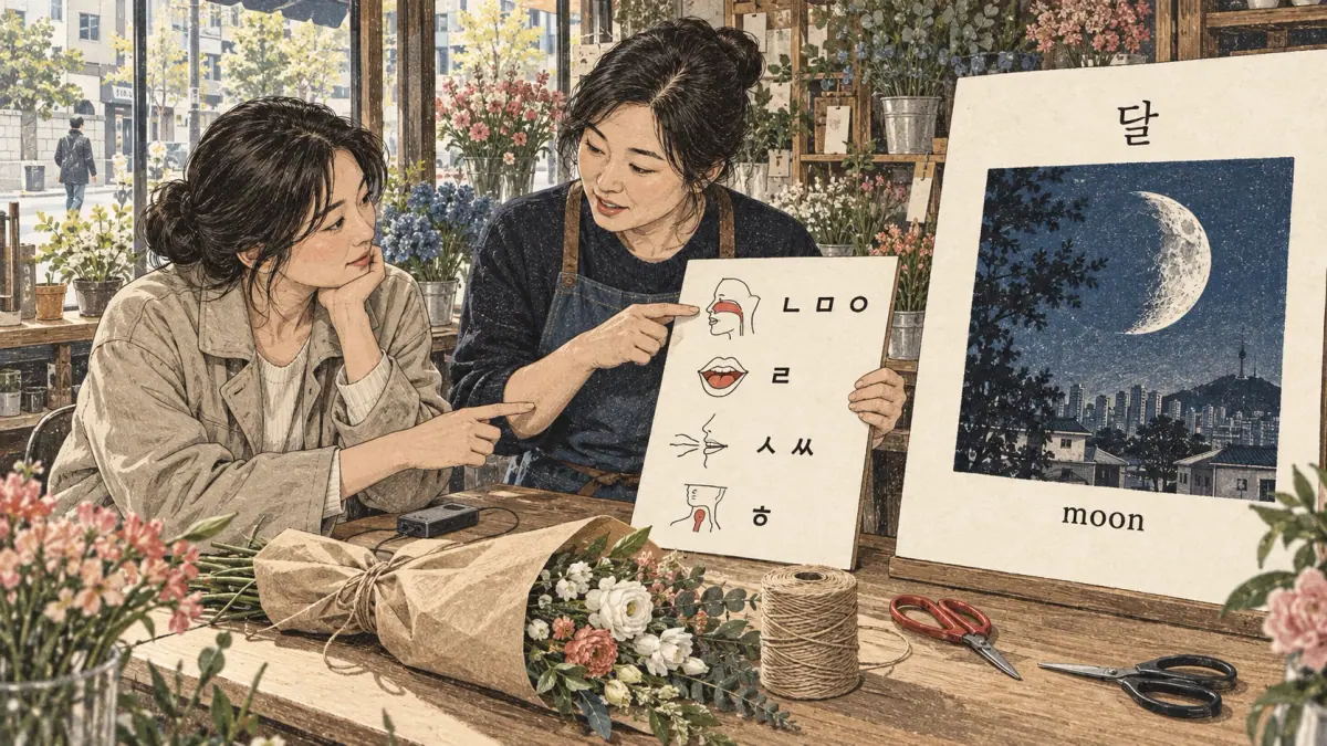 Pronunciation examples: 달, moon