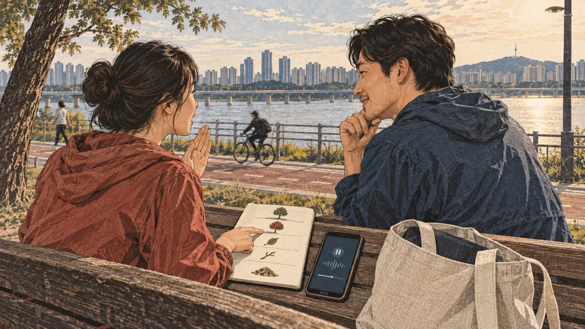 Adults practise Korean pronunciation in a Han River park bench.