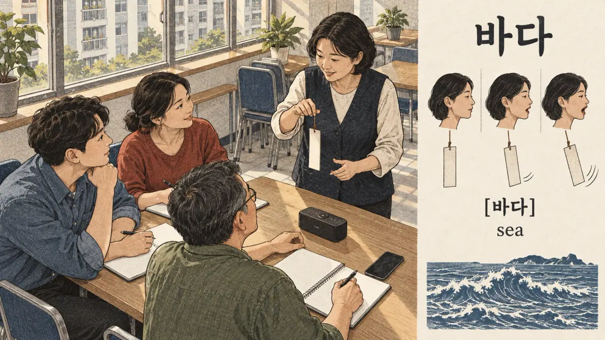 Pronunciation examples: 바다, [바다], sea