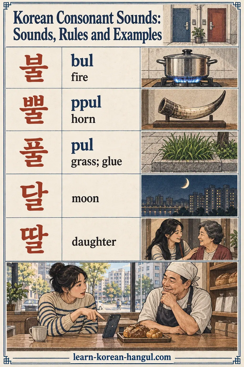 Pronunciation examples: 불, 뿔, 풀, 달, 딸, bul, fire, ppul, horn, pul, moon, daughter