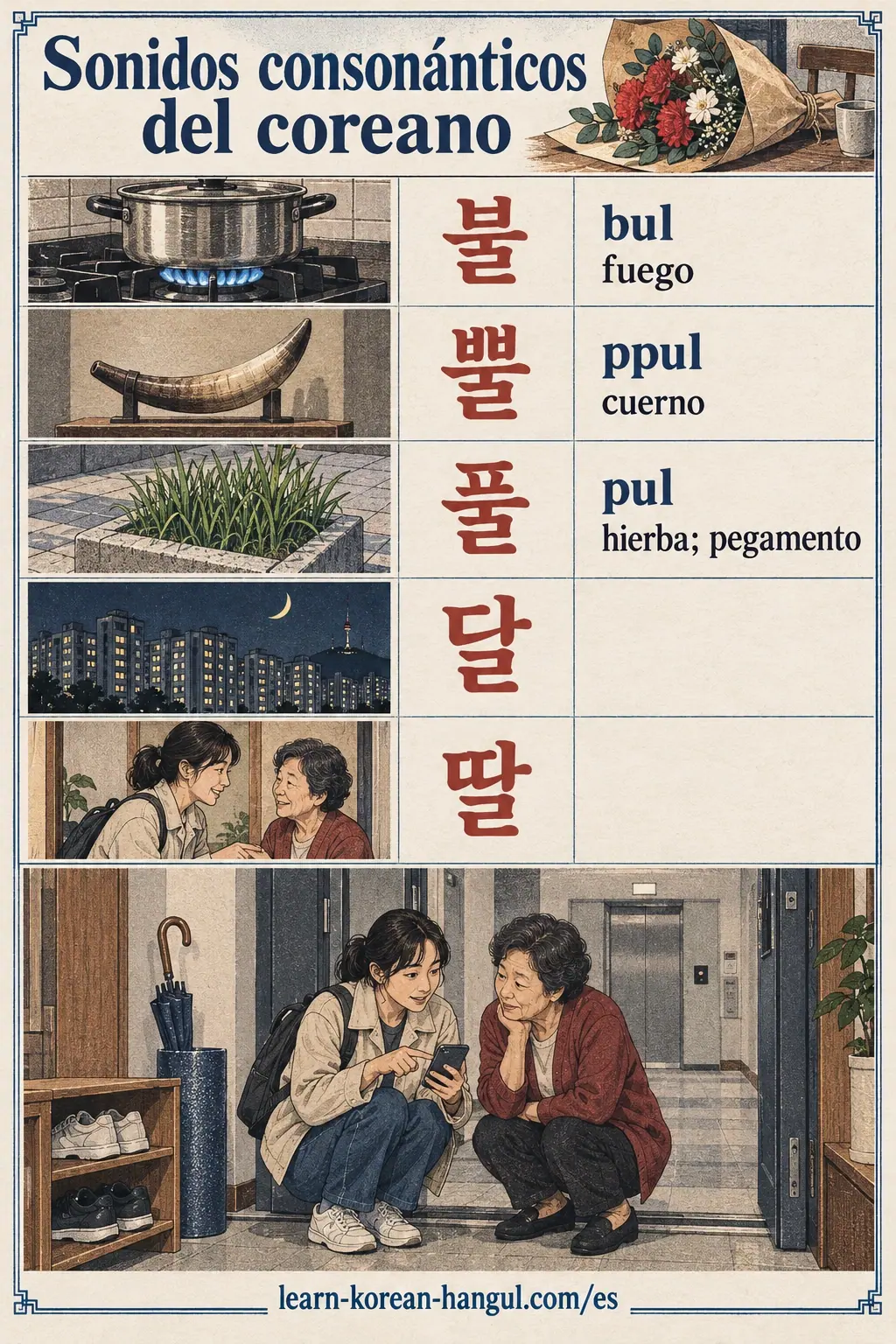 Ejemplos de pronunciación: 불, 뿔, 풀, 달, 딸, bul, fuego, ppul, cuerno, pul