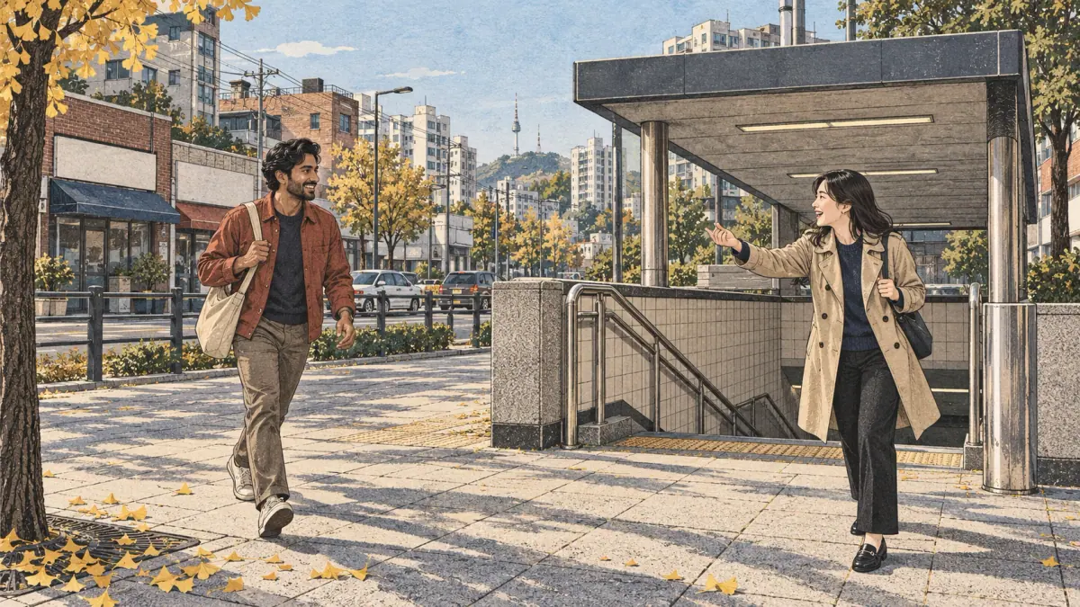 A Korean woman calls her friend to come quickly at a Seoul subway entrance.