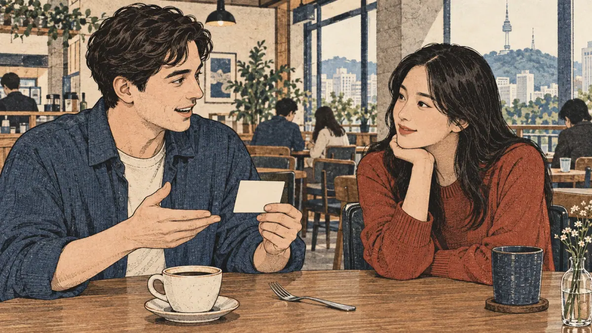 Two adults discuss a blank vocabulary card beside a fork and coffee in a Seoul café.