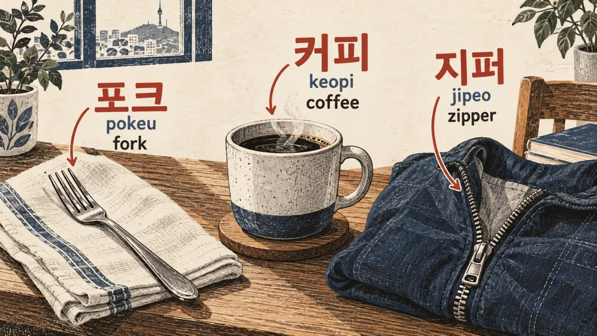 Illustrated lesson: 포크 (pokeu), 커피 (keopi), 지퍼 (jipeo)