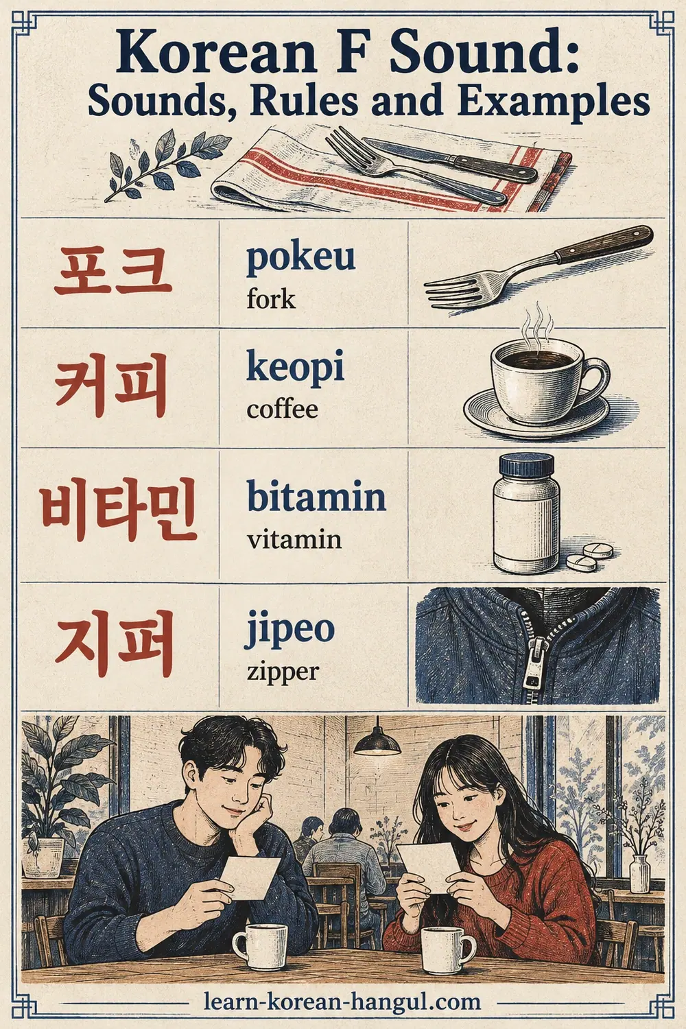 Illustrated lesson: 포크 (pokeu), 커피 (keopi), 비타민 (bitamin), 지퍼 (jipeo)