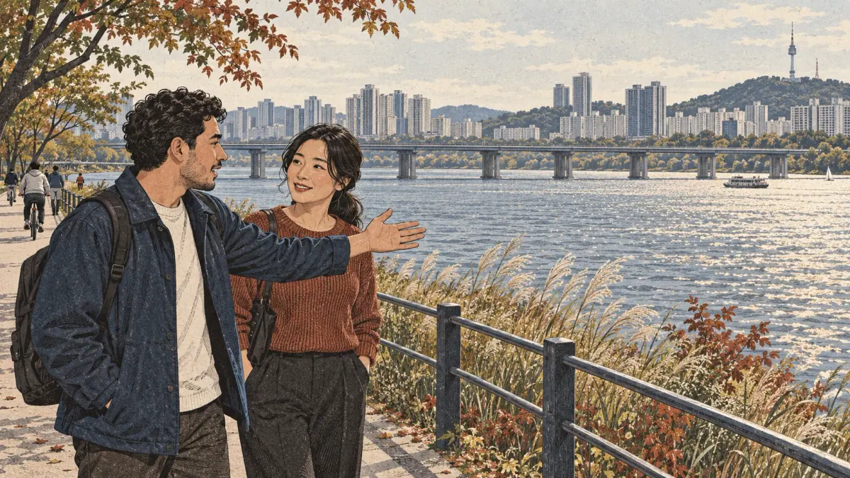 An adult Korean learner practises river vocabulary with a friend beside the Han River in Seoul.