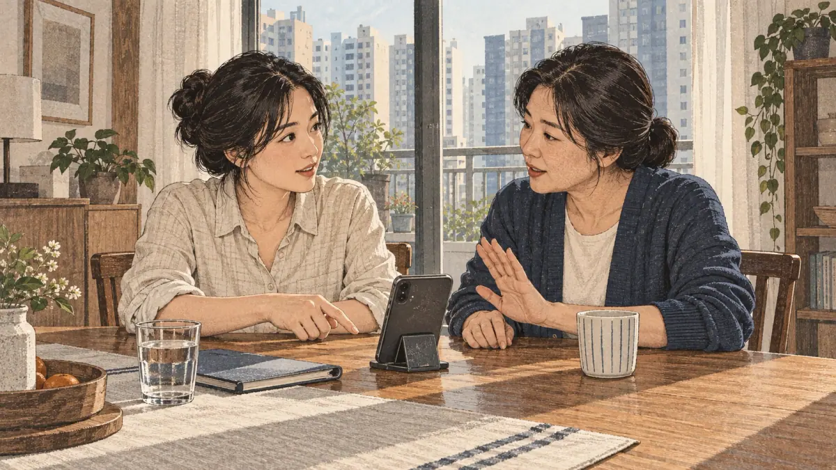Adults practise Korean pronunciation in a Seoul apartment dining room.