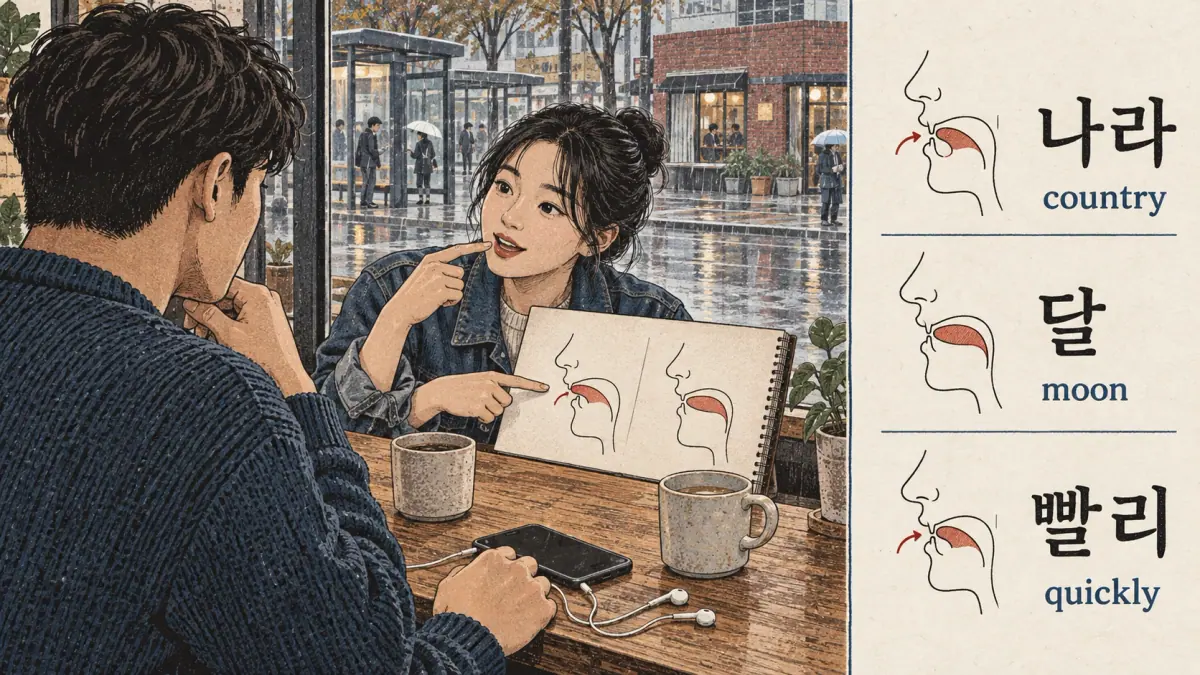 Pronunciation examples: 나라, 달, 빨리, country, moon, quickly