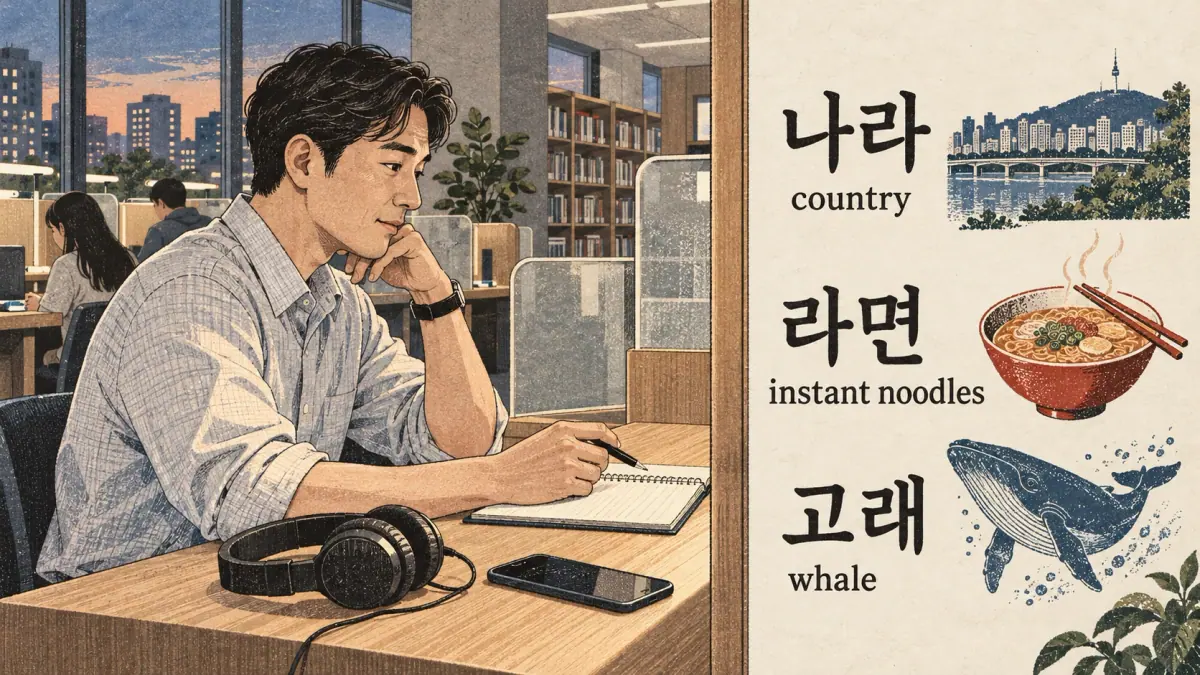 Pronunciation examples: 나라, 라면, 고래, country, whale