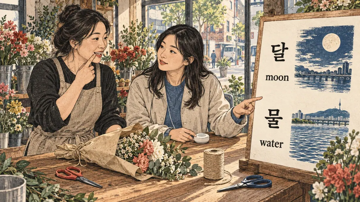 Pronunciation examples: 달, 물, moon, water
