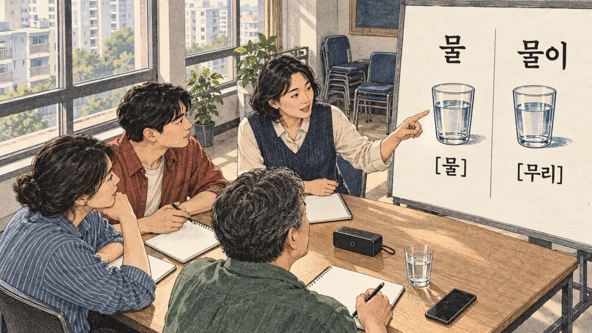 Pronunciation examples: 물, [물], 물이, [무리]