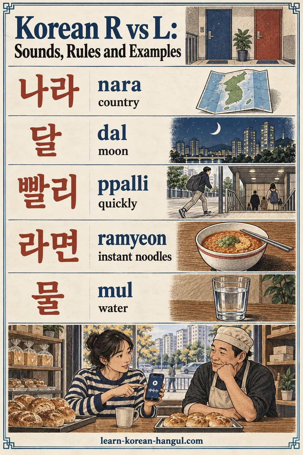 Pronunciation examples: 나라, 달, 빨리, 라면, 물, country, moon, quickly, water