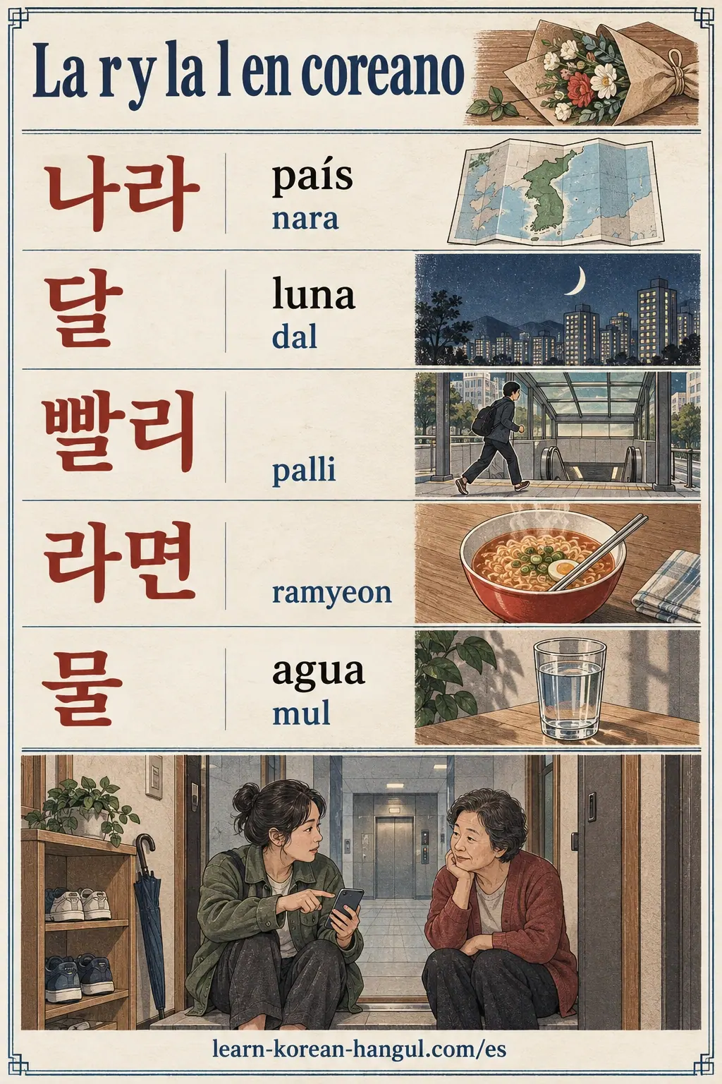 Ejemplos de pronunciación: 나라, 달, 빨리, 라면, 물, luna, agua