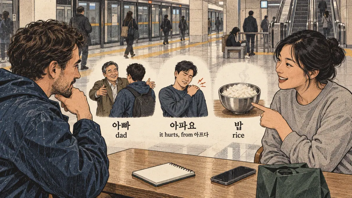 Korean pronunciation comparison: 아빠 / dad / 아파요 / it hurts, from 아프다 / 밥 / rice