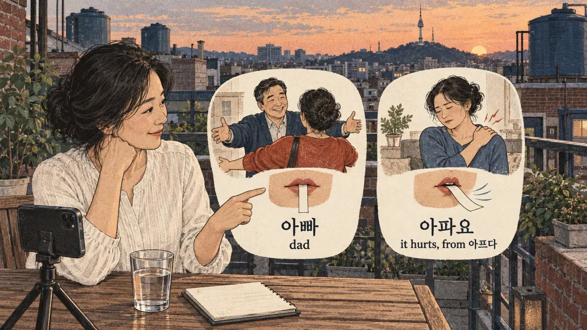 Korean pronunciation comparison: 아빠 / dad / 아파요 / it hurts, from 아프다