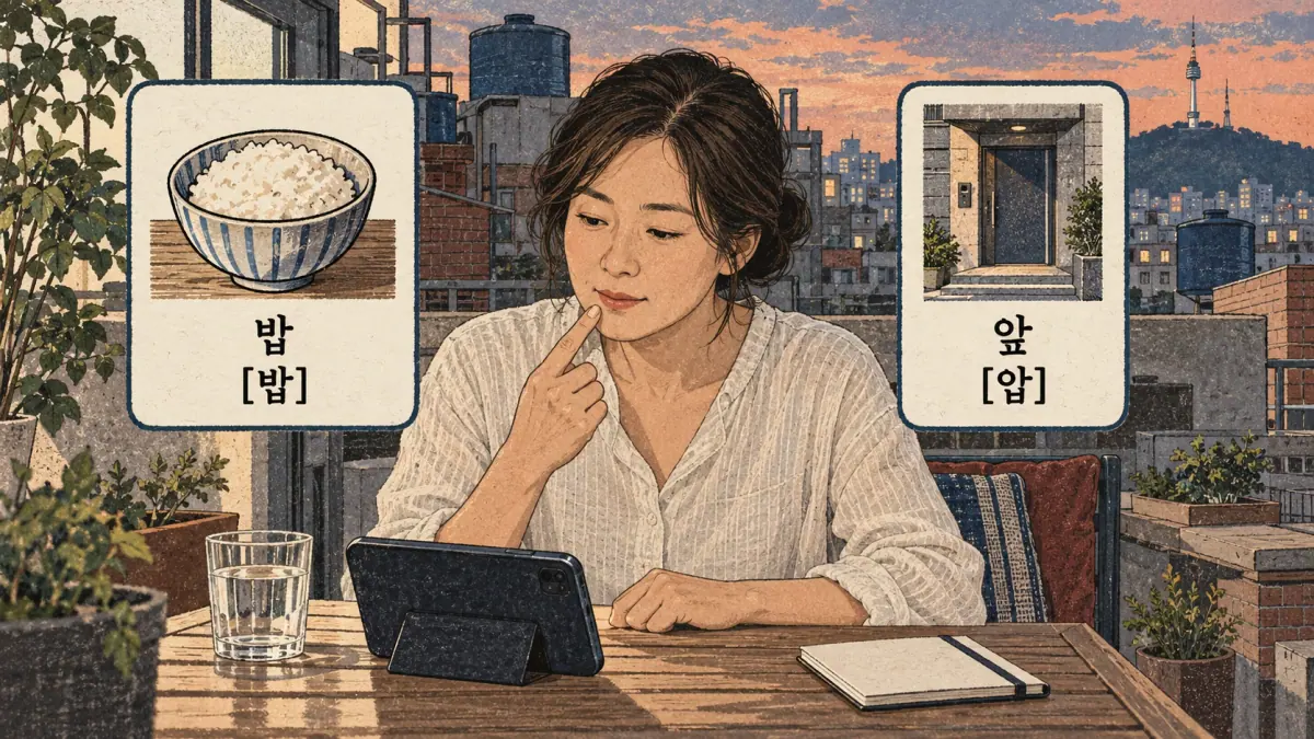 Korean pronunciation comparison: 밥 / [밥] / 앞 / [압]