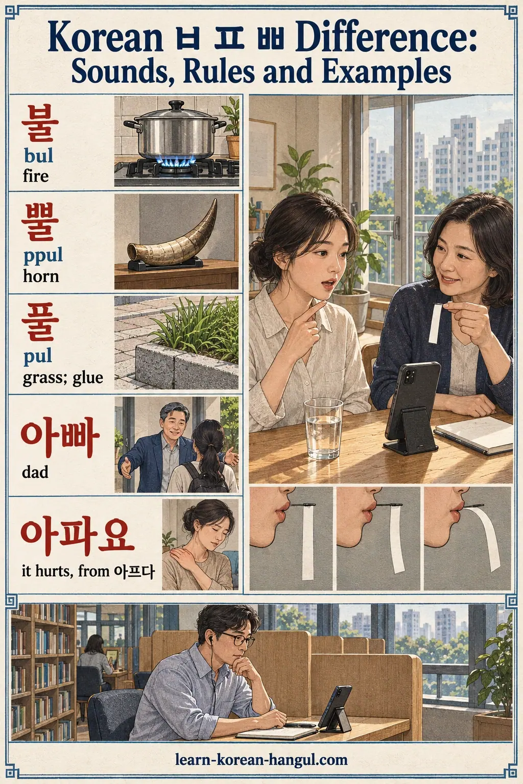 Korean pronunciation examples: 불 / bul / fire