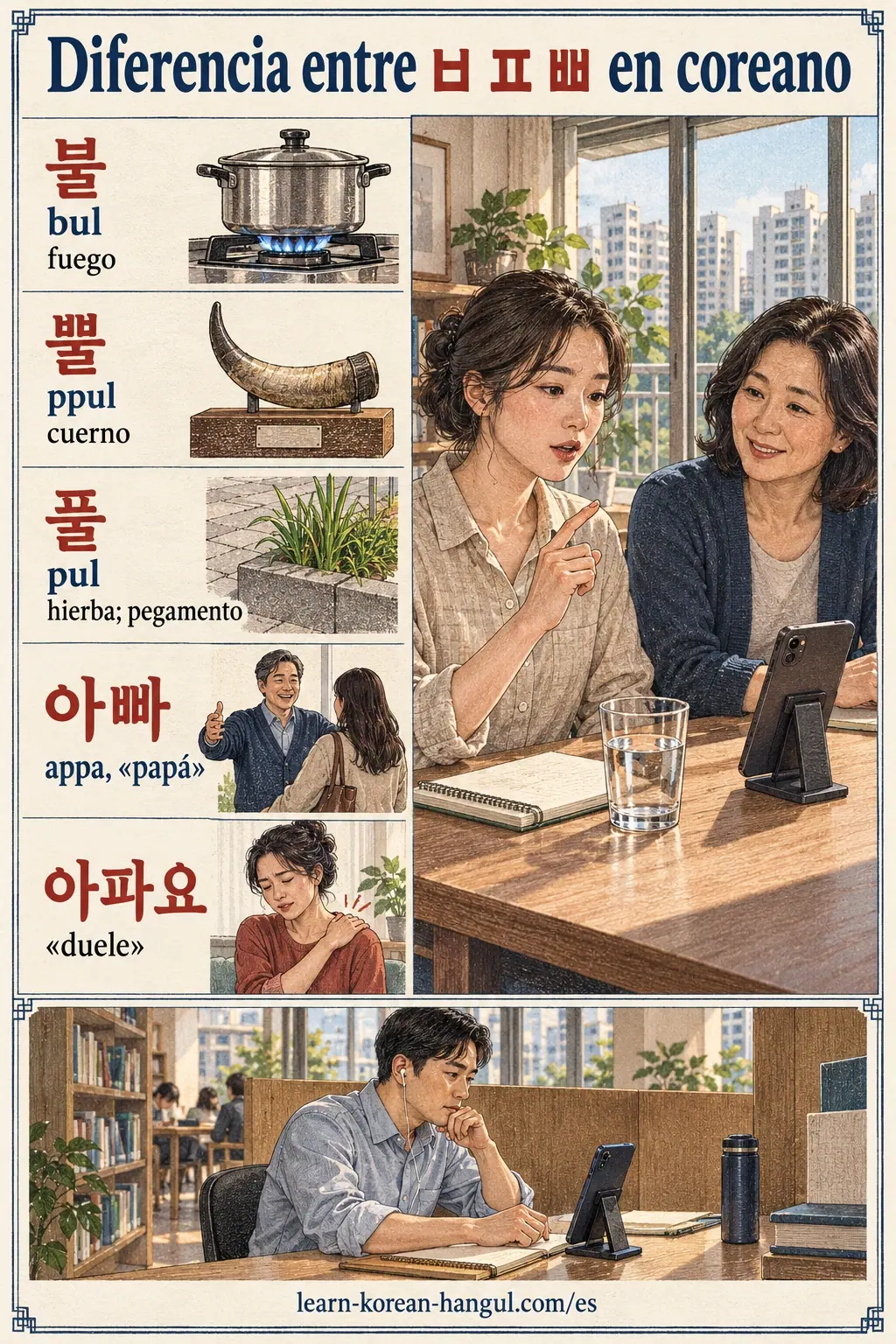 Ejemplos de pronunciación coreana: 불 / bul / fuego
