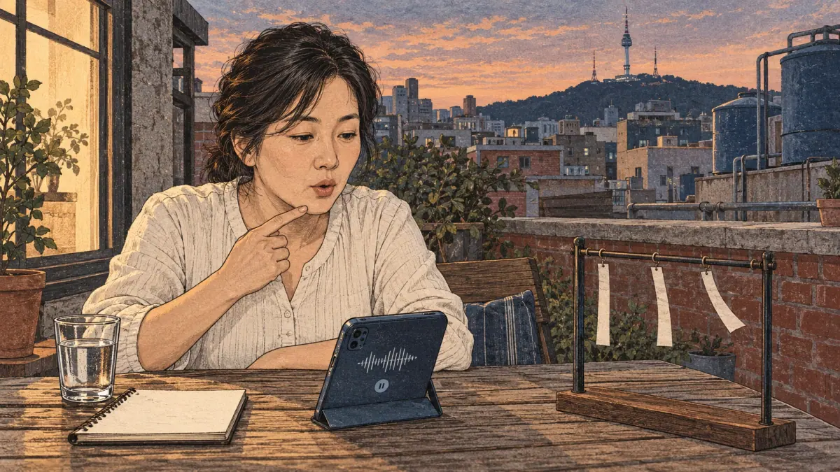 An adult learner listens, repeats and checks Korean pronunciation in Seoul.