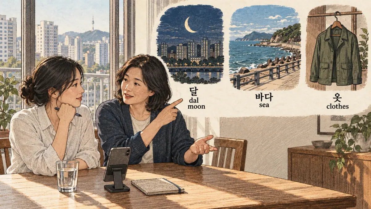 Korean pronunciation comparison: 달 / dal / moon / 바다 / sea / 옷 / clothes