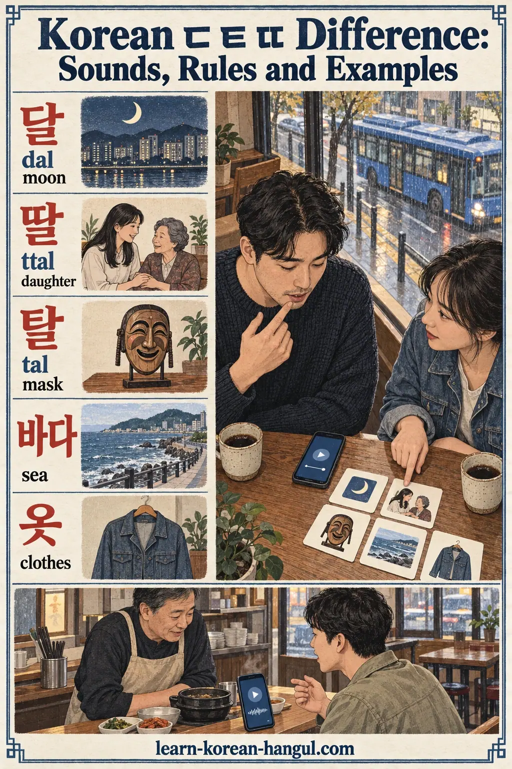 Korean pronunciation examples: 달 / dal / moon