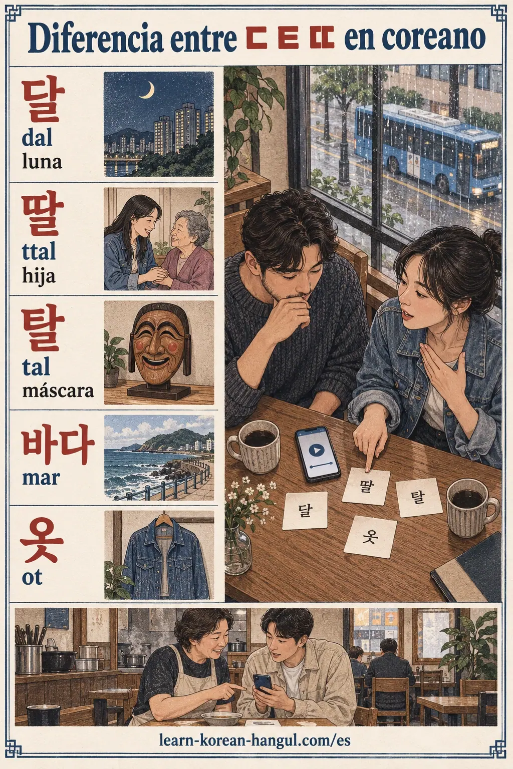 Ejemplos de pronunciación coreana: 달 / dal / luna
