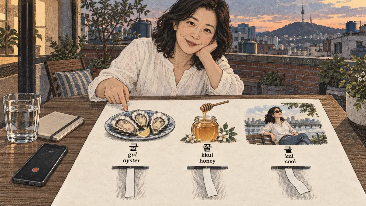 Korean pronunciation comparison: 굴 / gul / oyster / 꿀 / kkul / honey / 쿨 / kul / cool