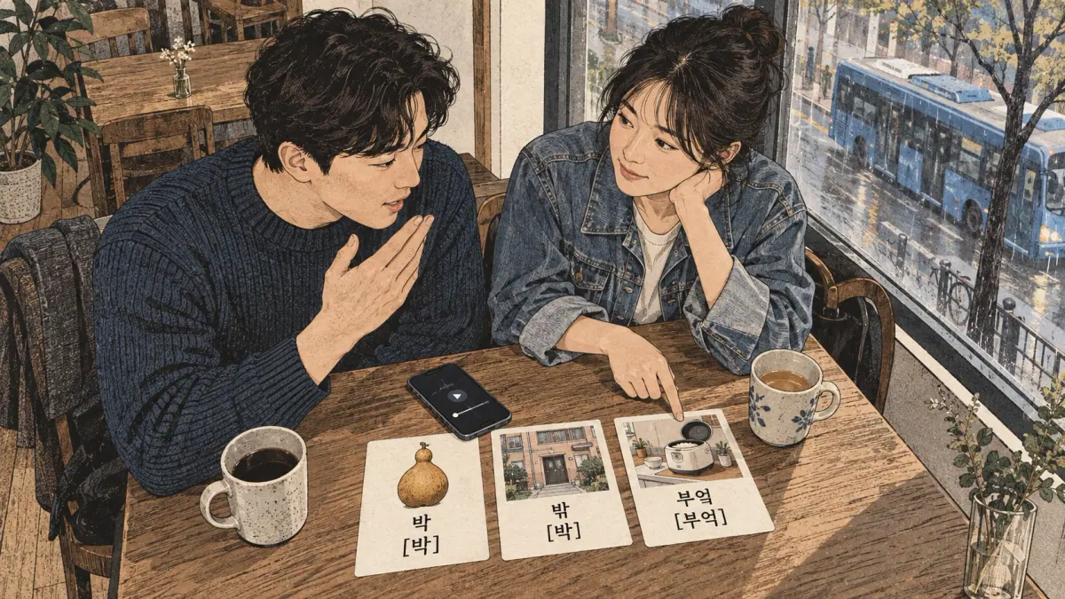 Korean pronunciation comparison: 박 / [박] / 밖 / [박] / 부엌 / [부억]