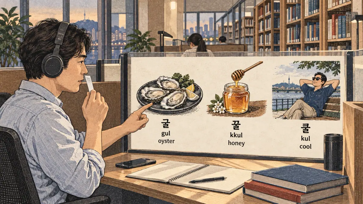 Korean pronunciation comparison: 굴 / gul / oyster / 꿀 / kkul / honey / 쿨 / kul / cool