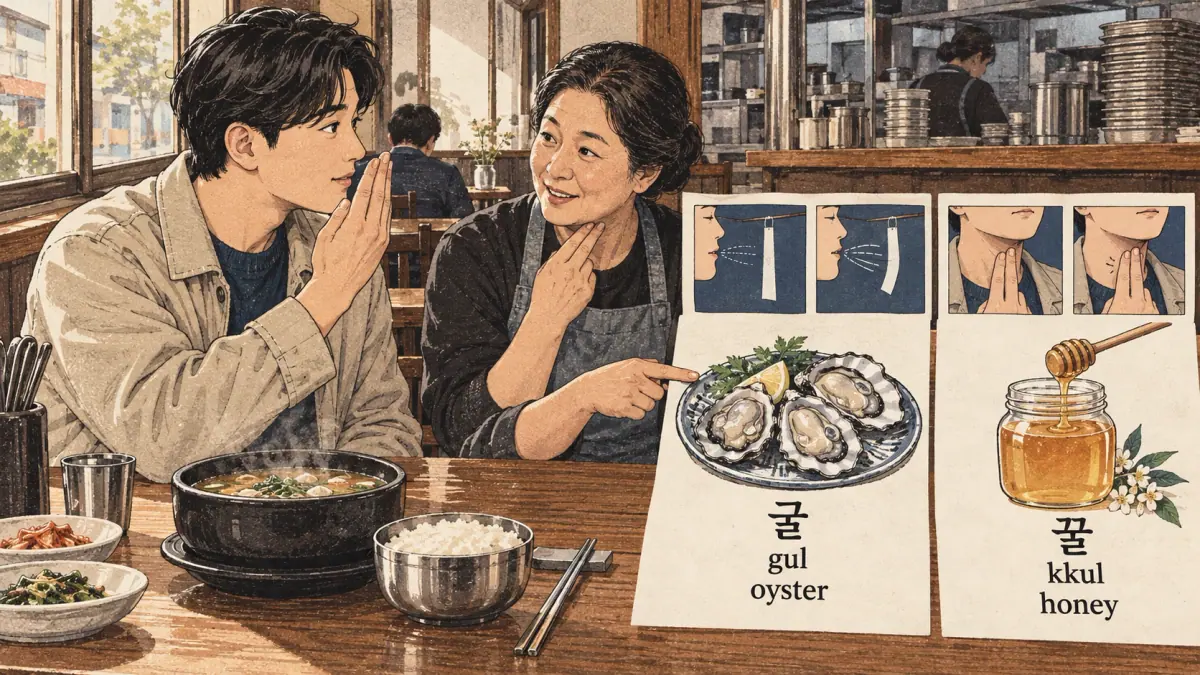 Korean pronunciation comparison: 굴 / gul / oyster / 꿀 / kkul / honey