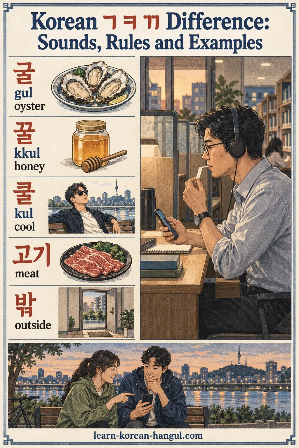 Korean pronunciation examples: 굴 / gul / oyster