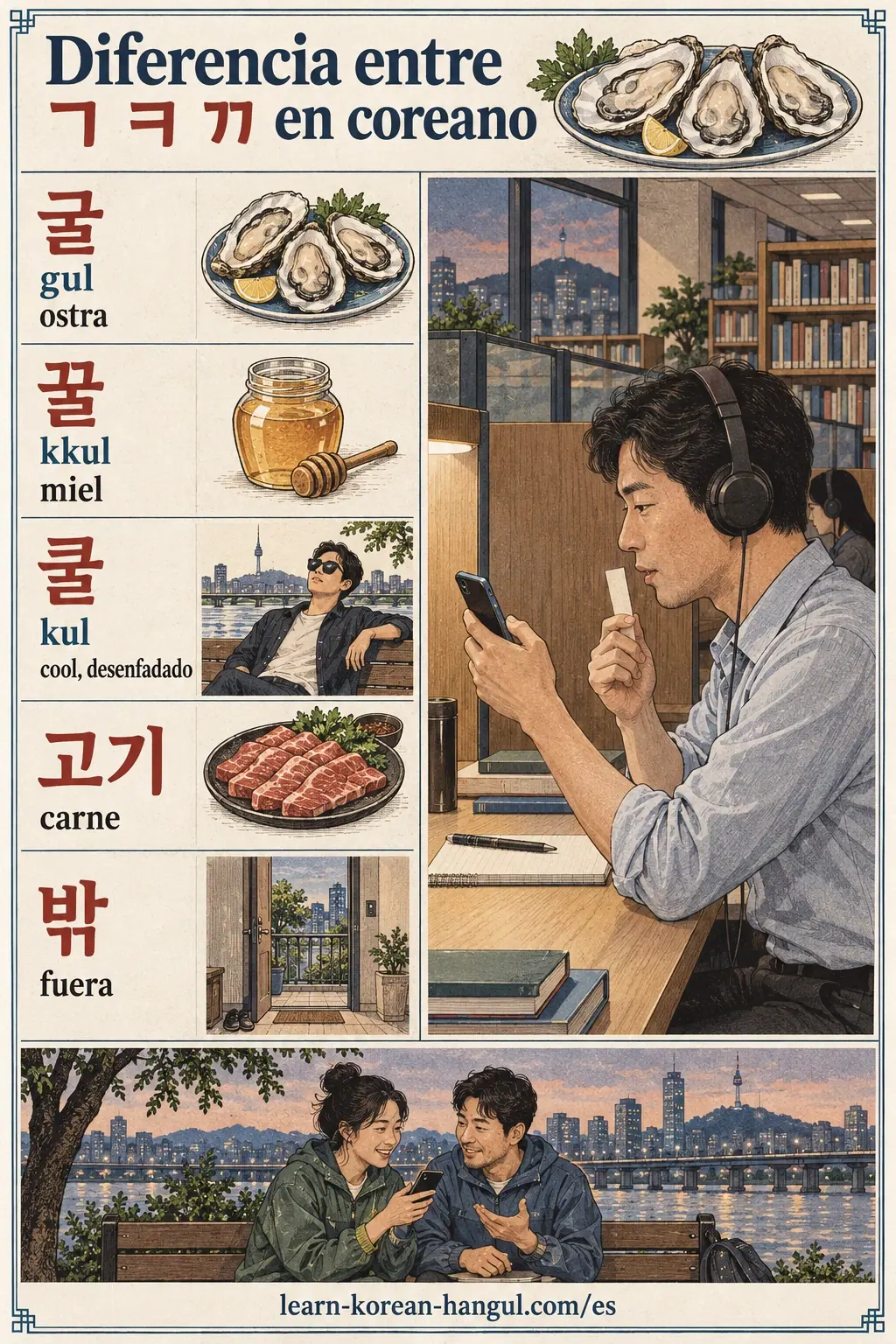 Ejemplos de pronunciación coreana: 굴 / gul / ostra