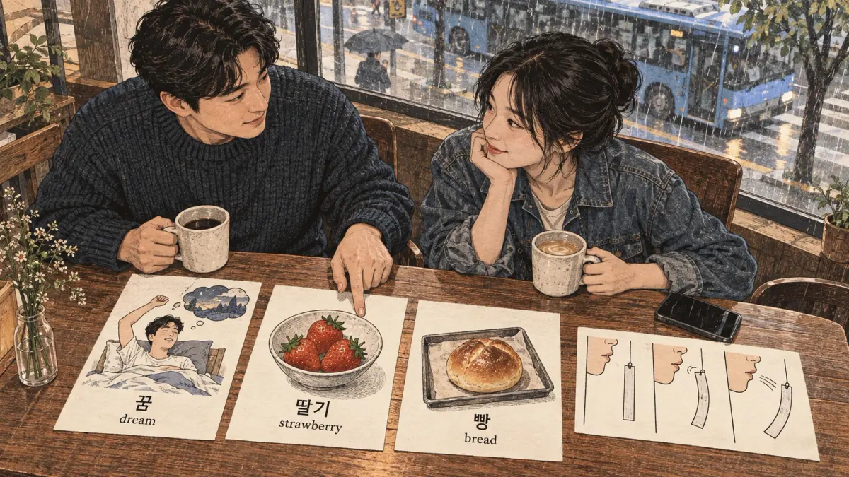 Korean pronunciation comparison: 꿈 / dream / 딸기 / strawberry / 빵 / bread