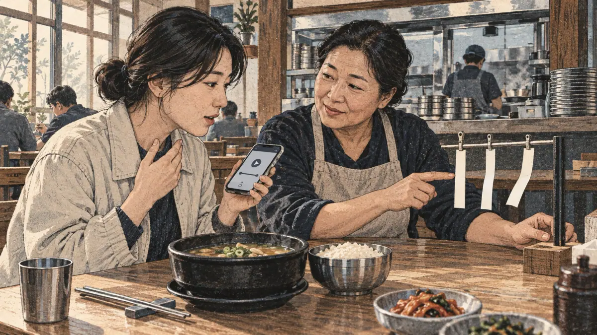 An adult learner listens, repeats and checks Korean pronunciation in Seoul.