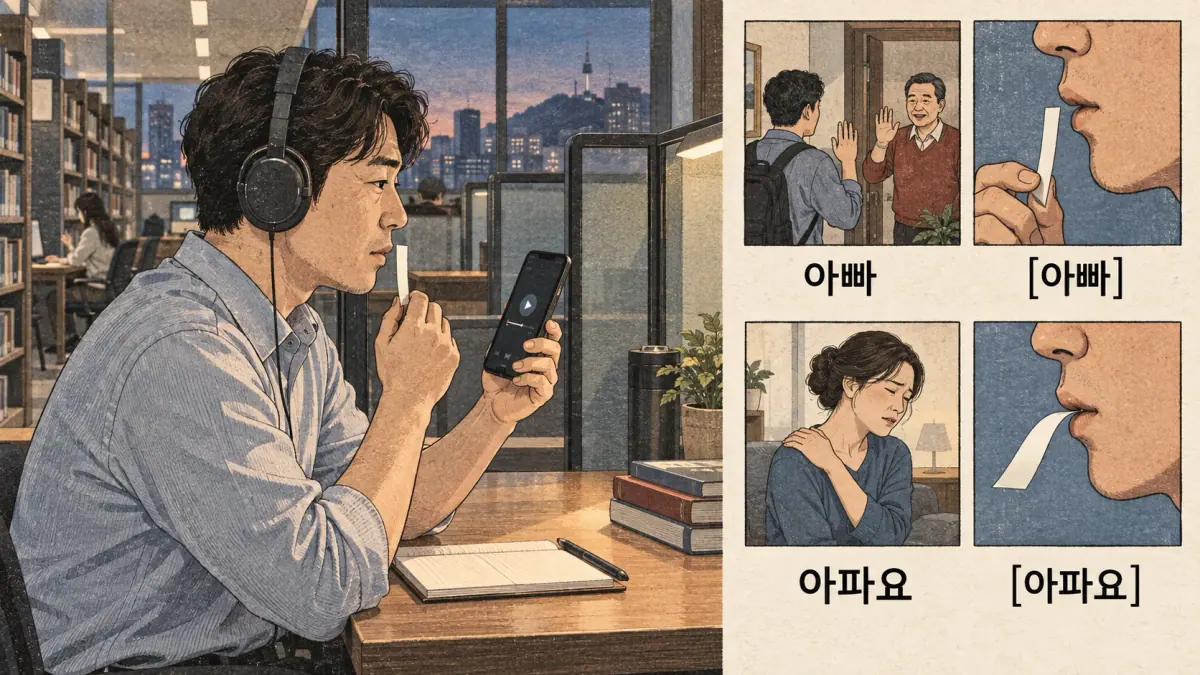 Korean pronunciation comparison: 아빠 / [아빠] / 아파요 / [아파요]
