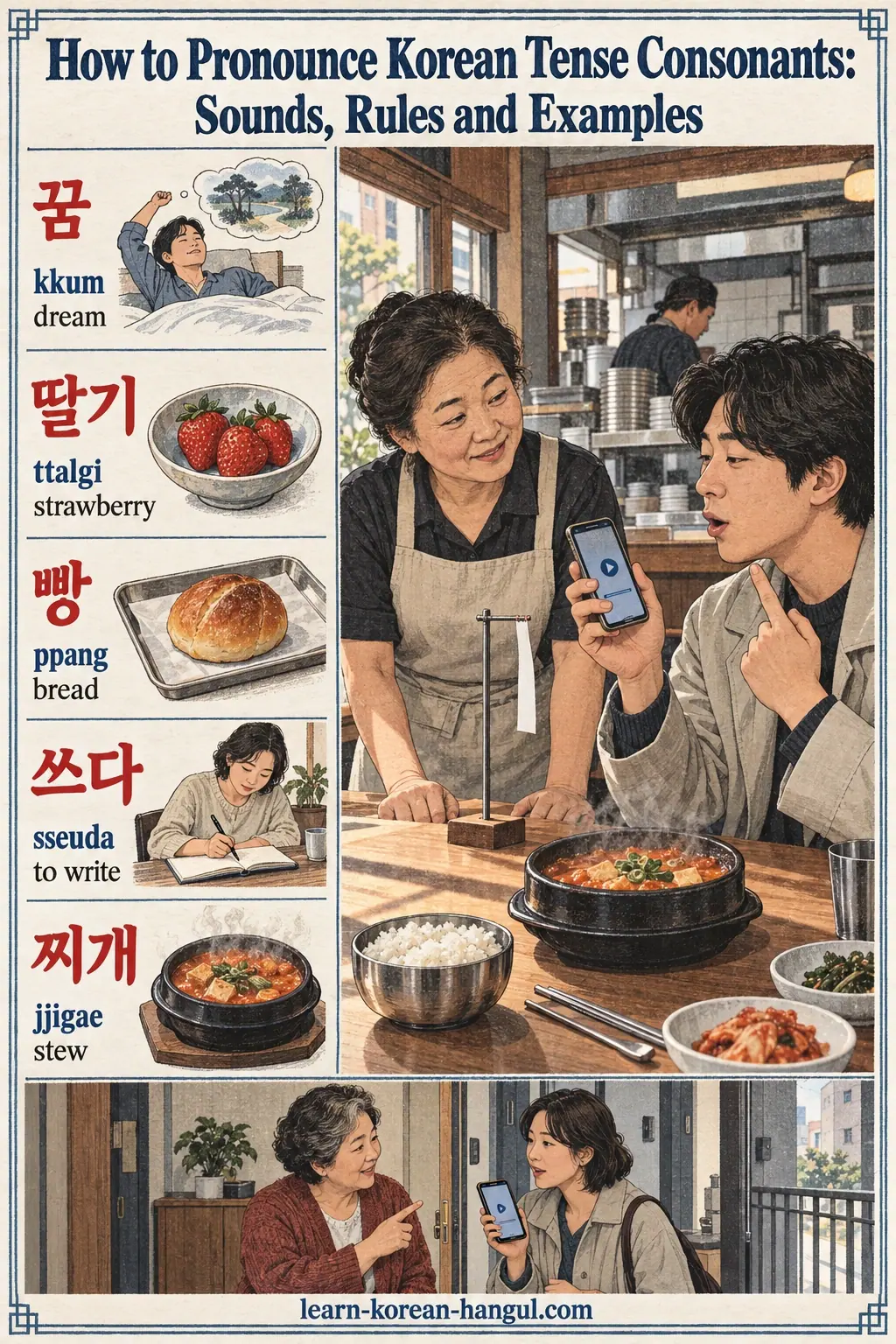 Korean pronunciation examples: 꿈 / dream / 딸기