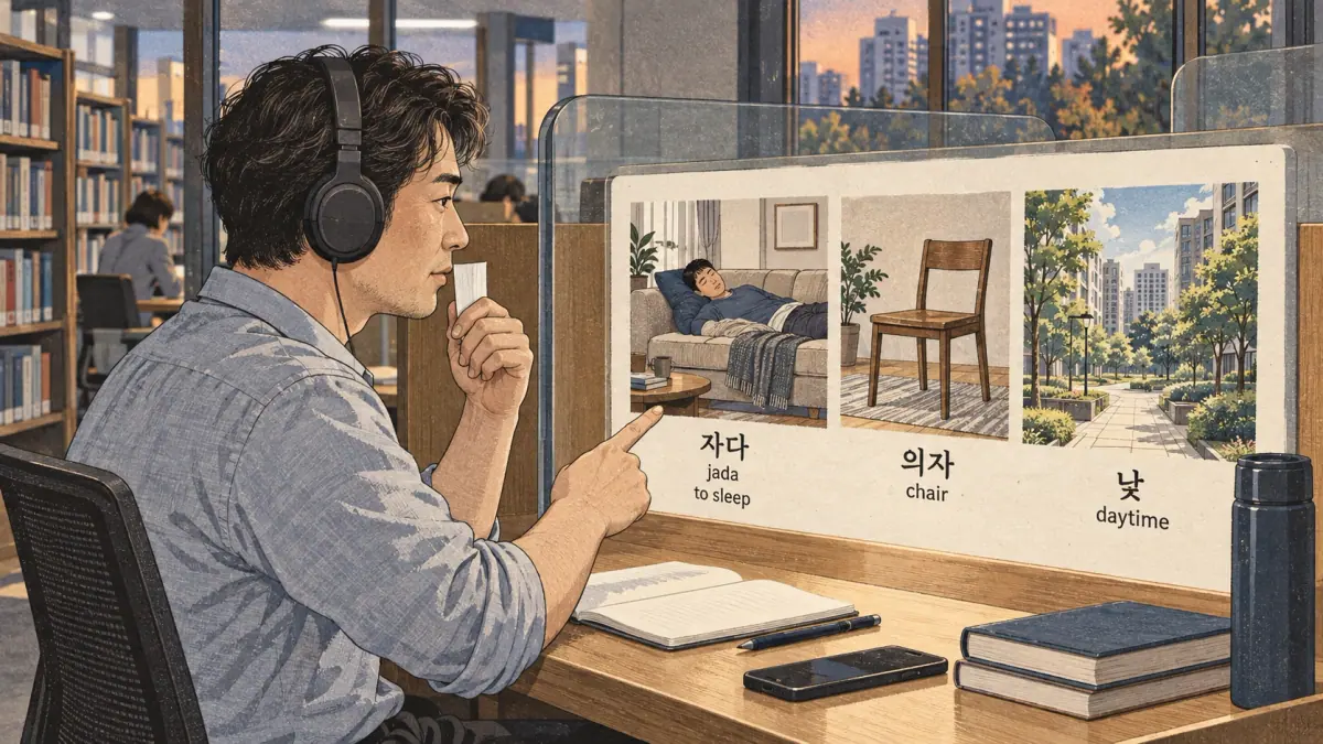 Korean pronunciation comparison: 자다 / jada / to sleep / 의자 / chair / 낮 / daytime