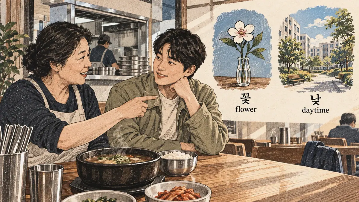 Korean pronunciation comparison: 꽃 / flower / 낮 / daytime