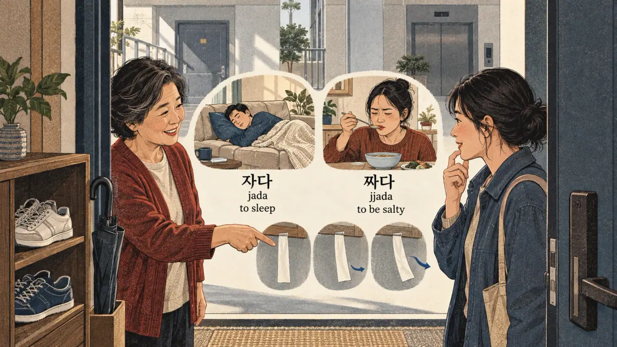 Korean pronunciation comparison: 자다 / jada / to sleep / 짜다 / jjada / to be salty