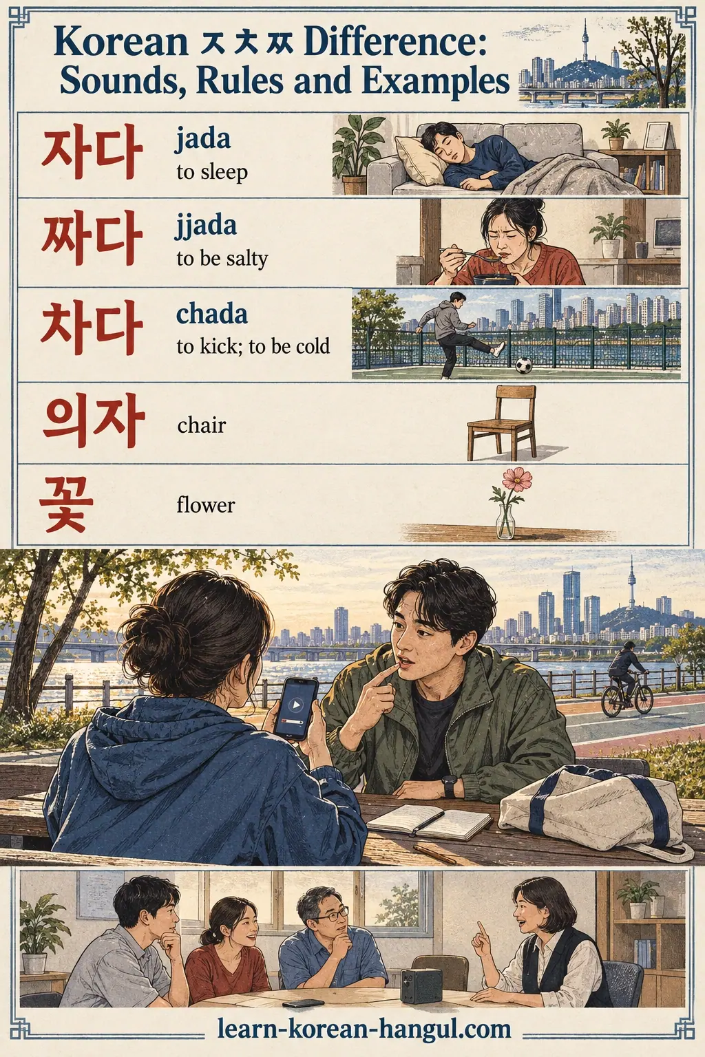 Korean pronunciation examples: 자다 / jada / to sleep