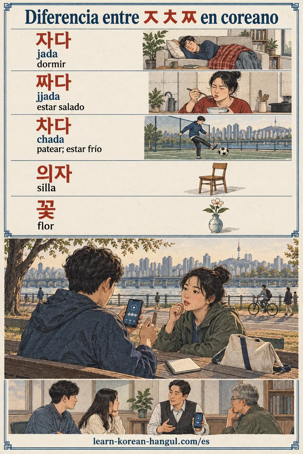 Ejemplos de pronunciación coreana: 자다 / jada / dormir