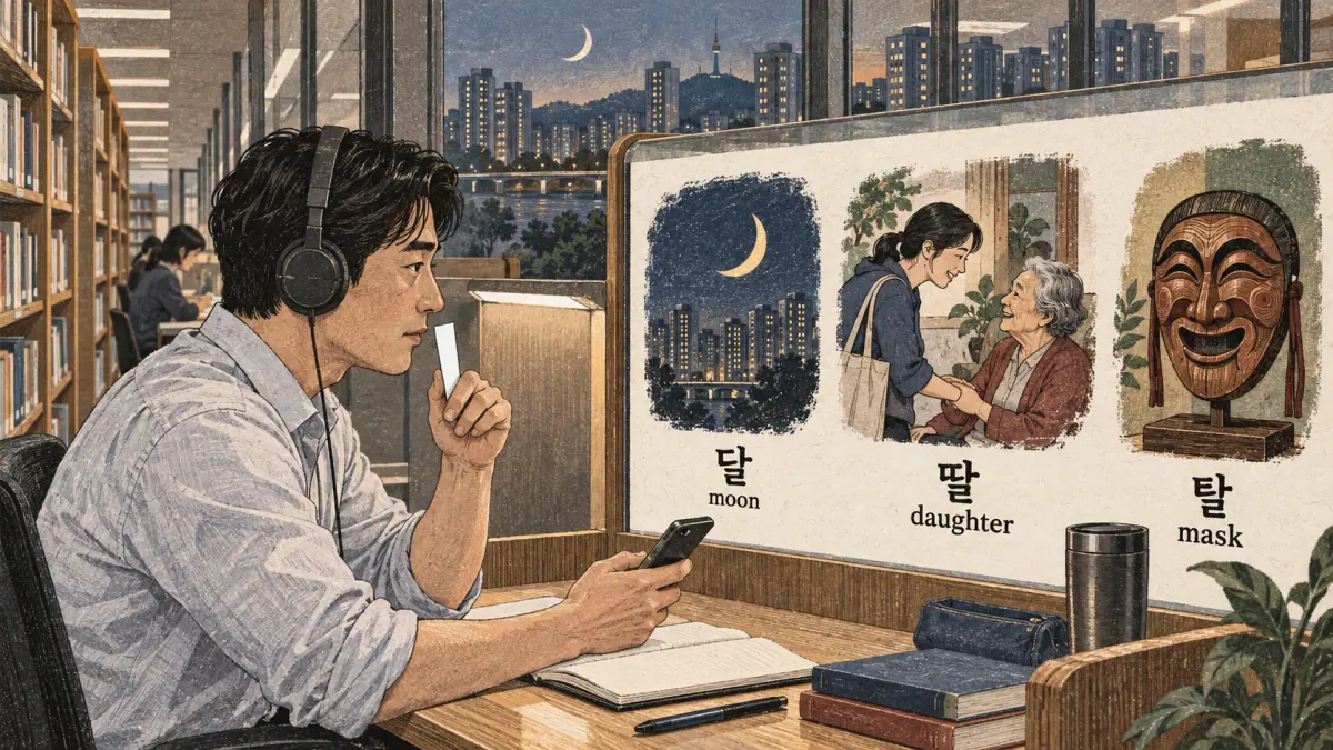 Korean pronunciation comparison: 달 / moon / 딸 / daughter / 탈 / mask
