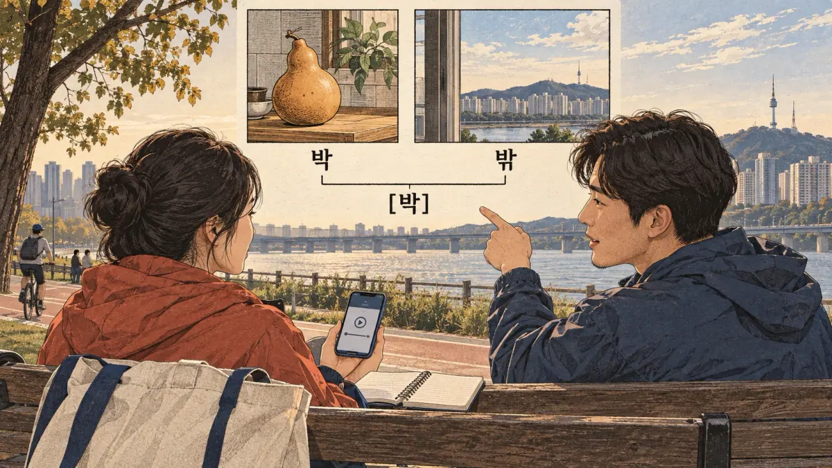 Korean pronunciation comparison: 박 / 밖 / [박]