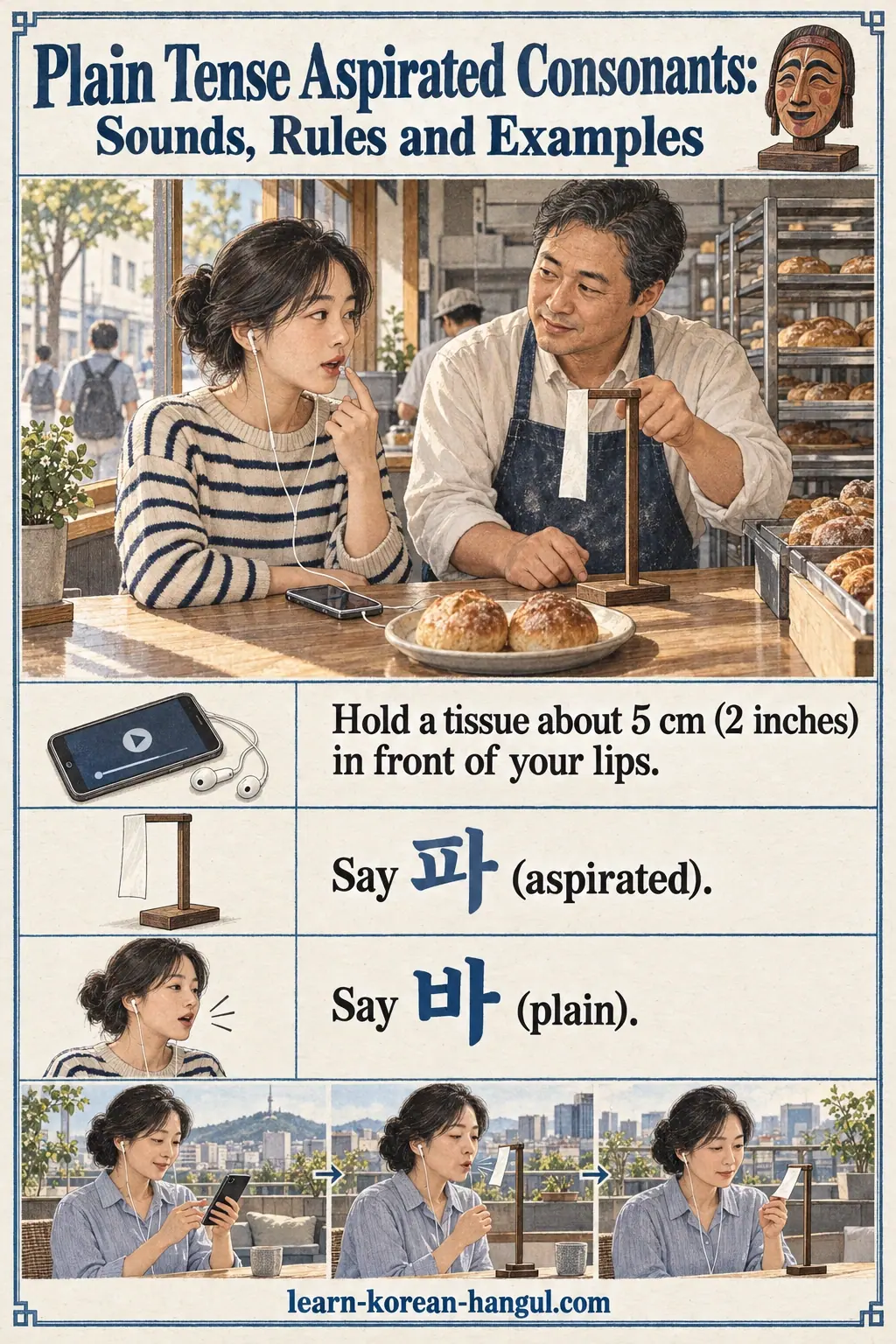 Korean pronunciation examples: Hold a tissue about 5 cm (2 inches) in front of your lips. / Say 파 (aspirated). / Say 바 (plain).