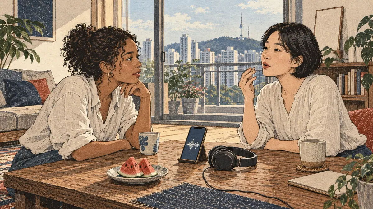 An adult learner records Korean s and sh pronunciation with a tutor in a Seoul apartment.