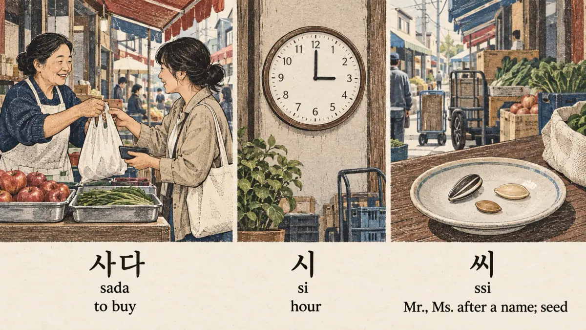 Korean examples: 사다 / 시 / 씨 / sada / si / ssi