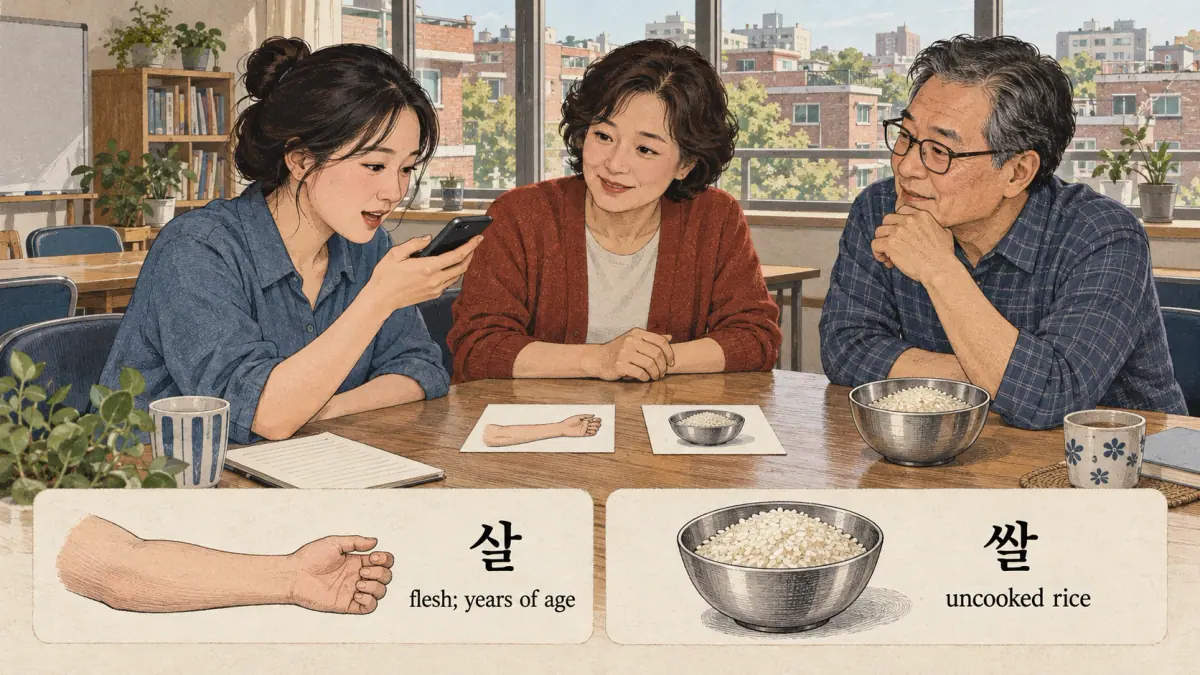 Korean examples: 살 / 쌀