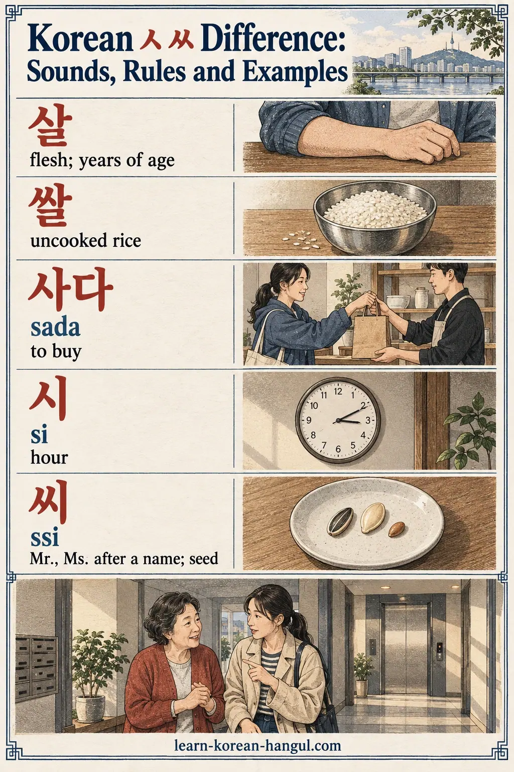Korean examples: 살 / 쌀 / 사다 / 시 / 씨 / sada / si / ssi