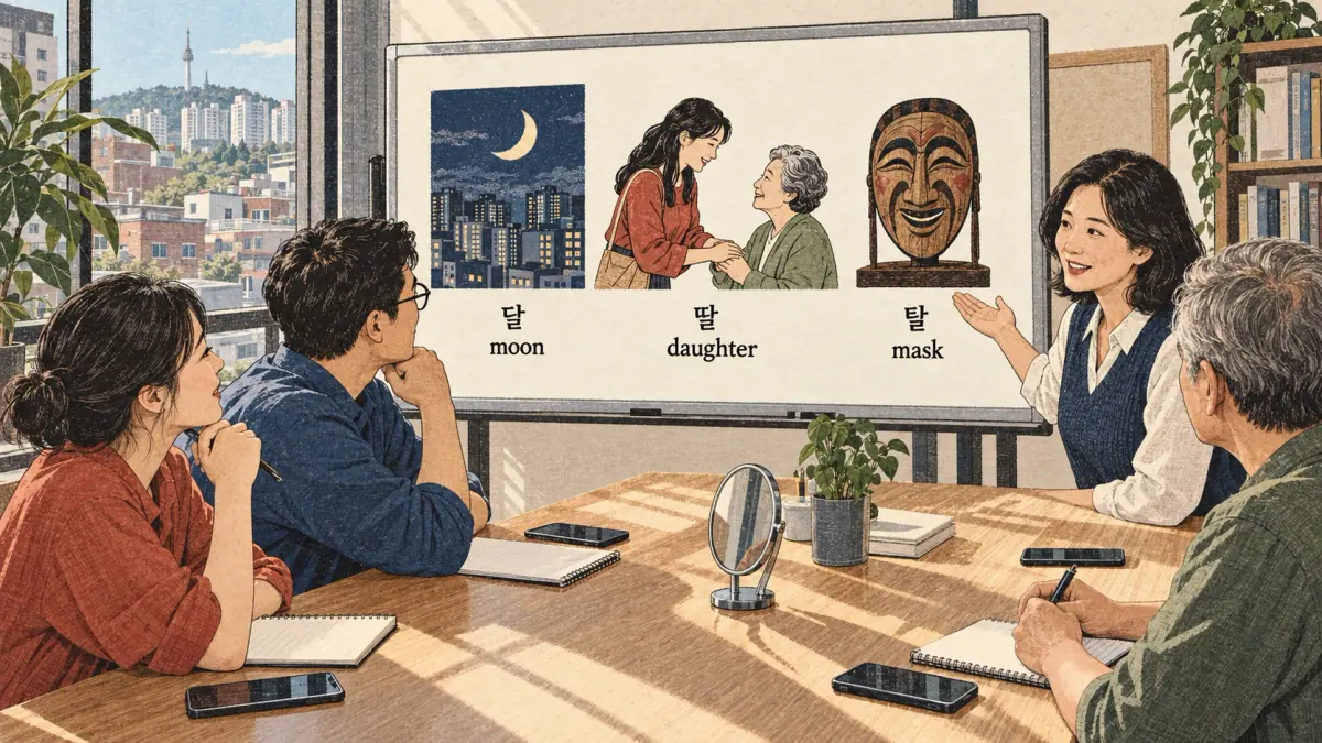 Korean pronunciation comparison: 달 / moon / 딸 / daughter / 탈 / mask