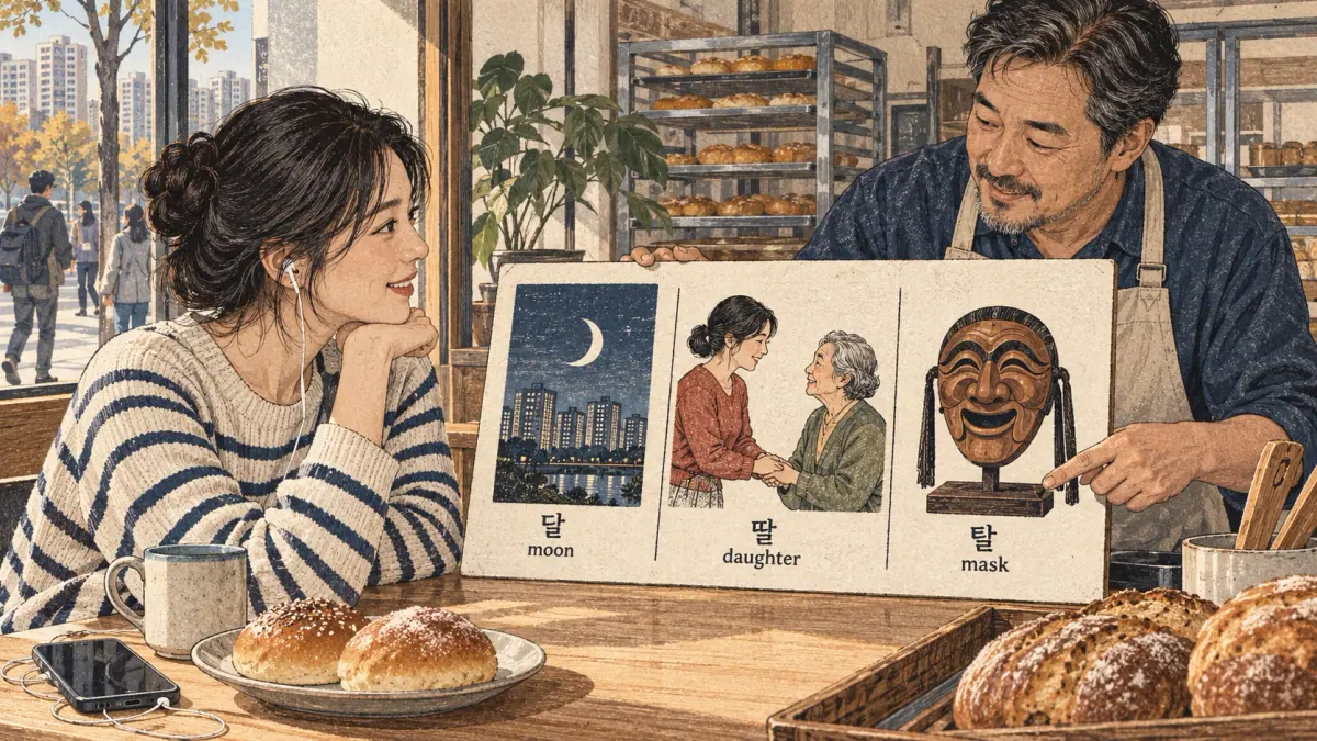 Korean pronunciation comparison: 달 / moon / 딸 / daughter / 탈 / mask